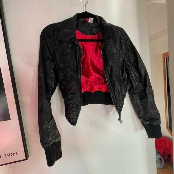 H&M Divided black faux leather jacket with red lining - Picture 1 of 4